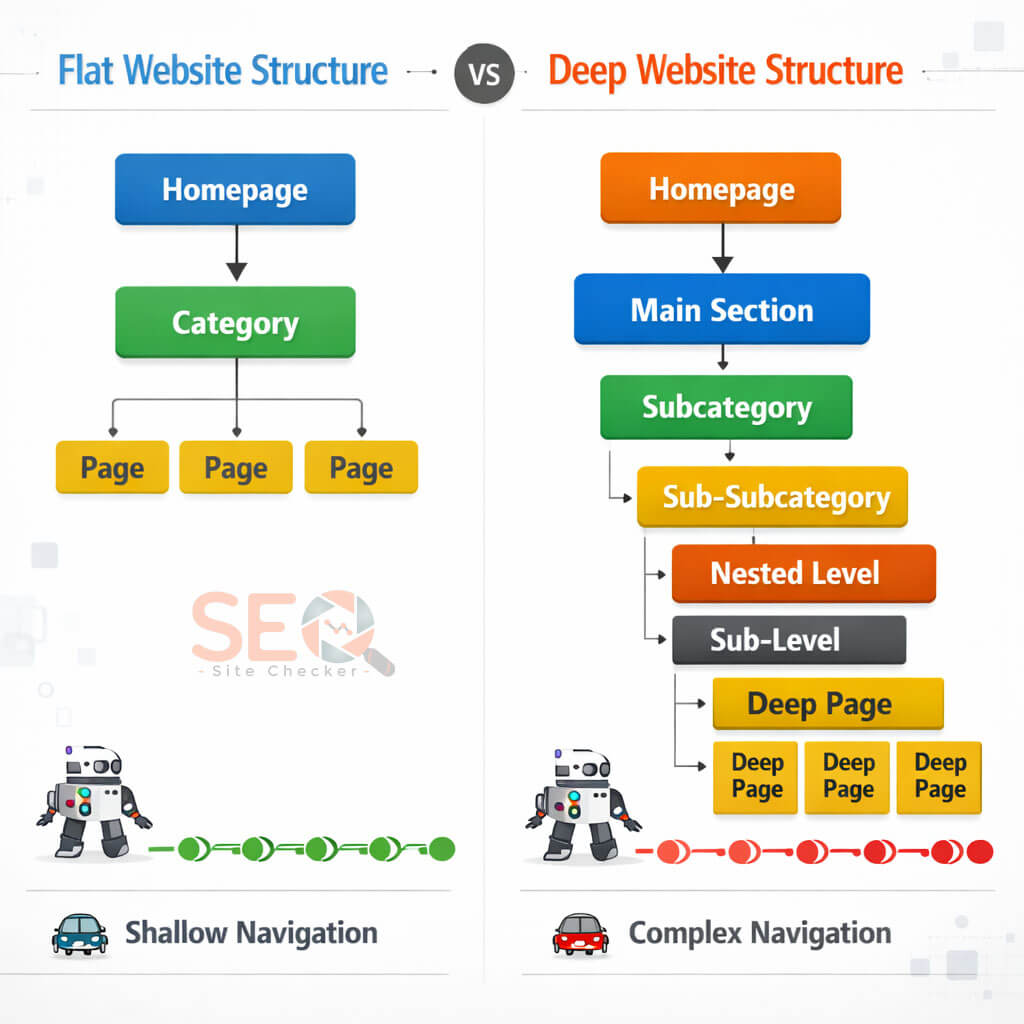 Ideal website hierarchy showing flat versus deep structure comparison