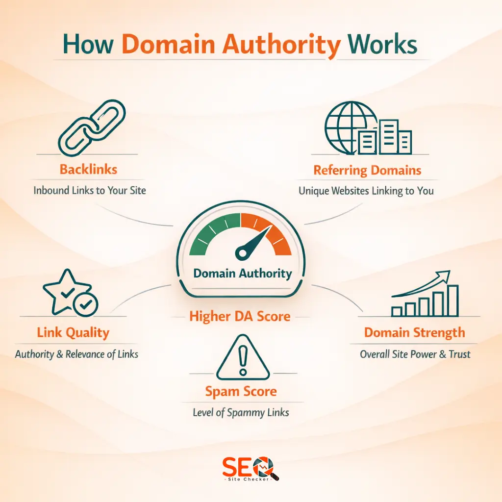 How domain authority works infographic showing backlinks and referring domains