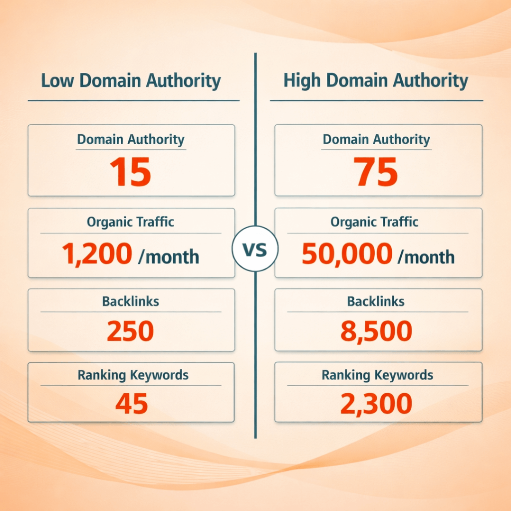 Low vs high domain authority score comparison