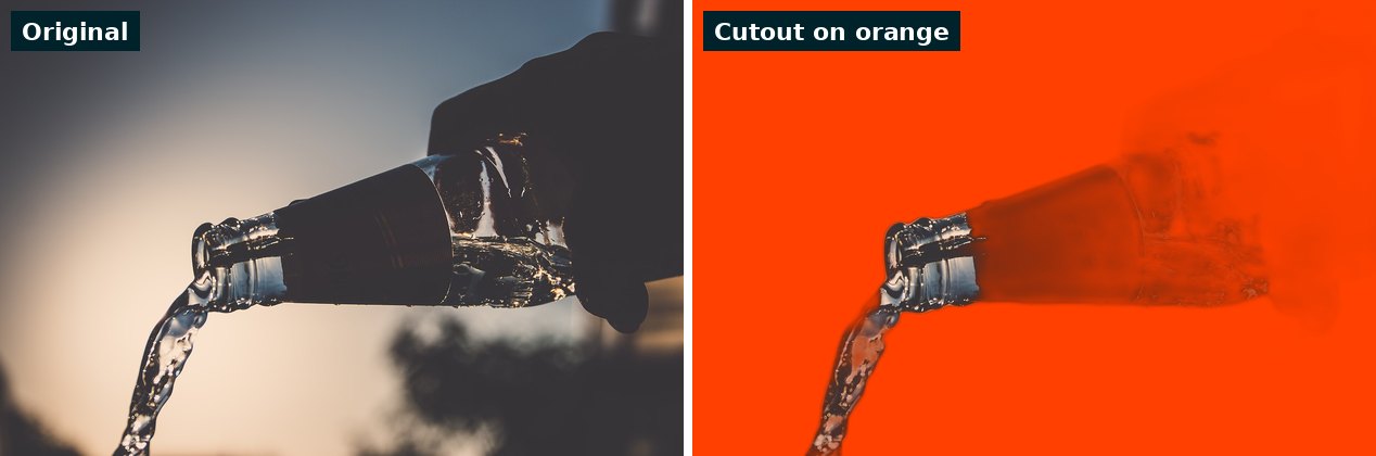 A glass bottle being poured against a sunset on the left, and the same photo after removal on the right, with the dark bottle body and hand mostly erased