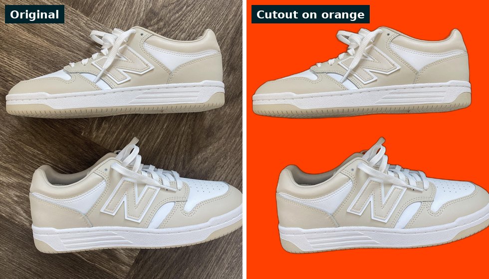 A pair of cream sneakers on a wood floor on the left, and the same two shoes cut out and shown on orange on the right, with the floor gone