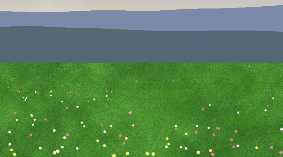 The same meadow after removal, with plain grass where the logo was and fewer flowers in that patch