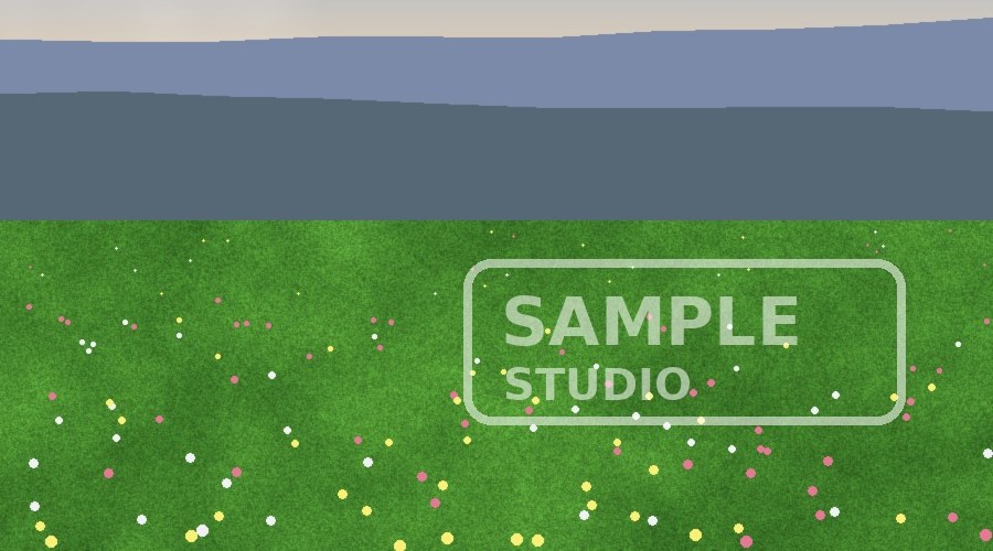 Generated sample meadow with a semi-transparent rounded logo box lying over the grass and wildflowers, before removal