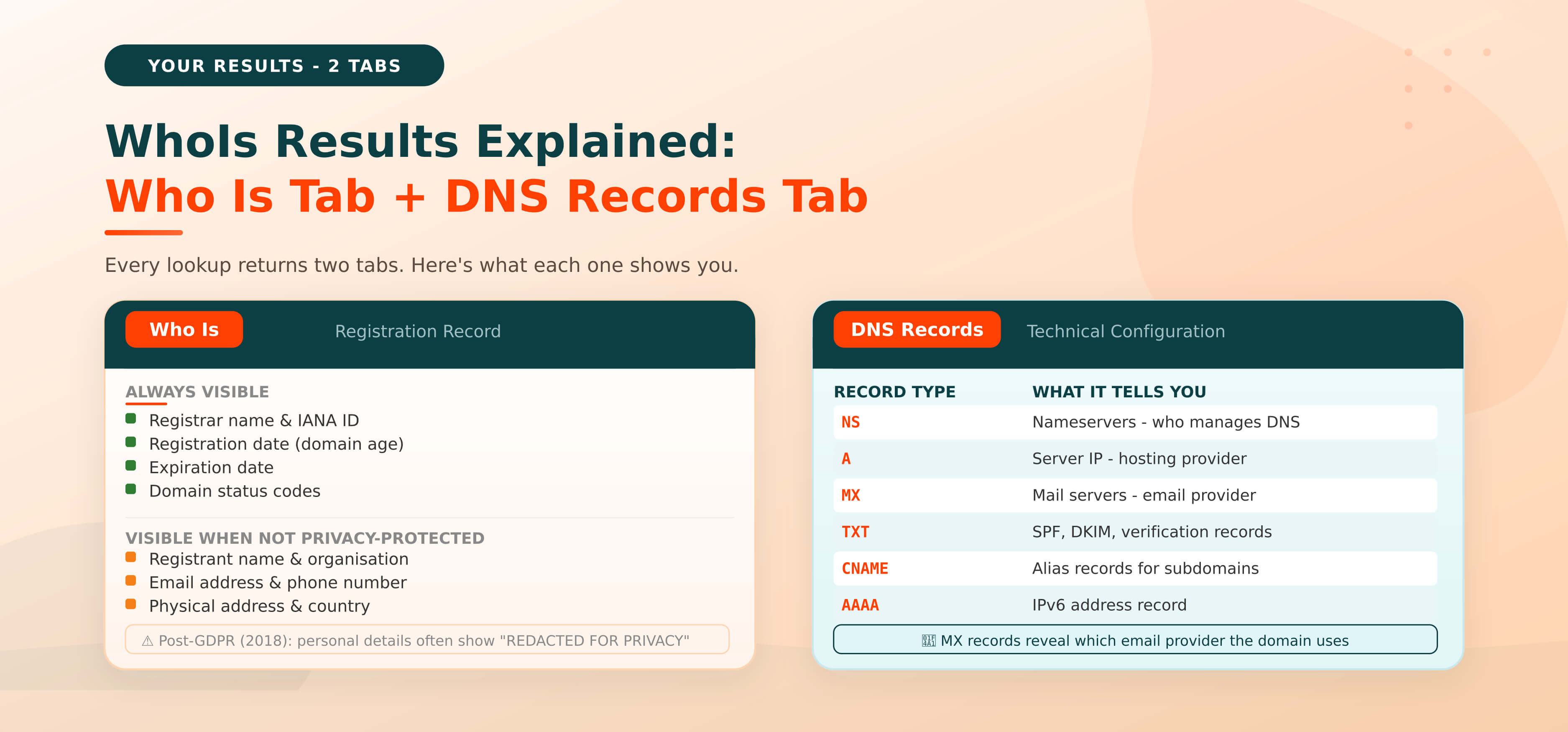 WhoIs lookup results showing the Who Is tab and DNS Records tab - SEO Site Checker free tool
