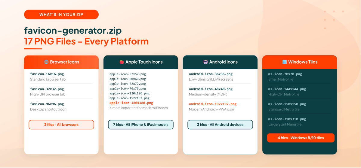 favicon-generator.zip contents - 17 PNG files including favicon, apple-icon, android-icon, and ms-icon sizes