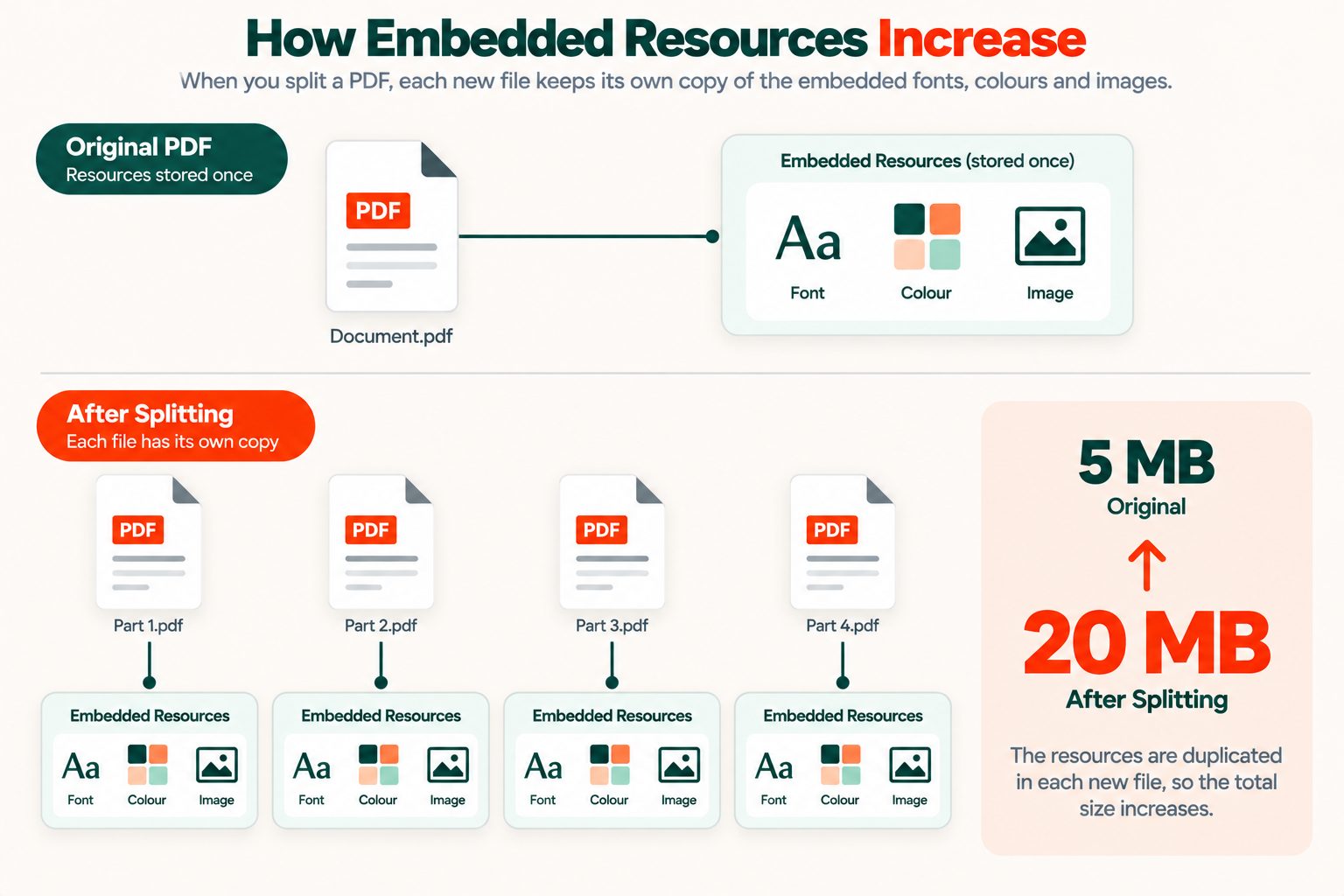Diagram showing why splitting a PDF increases total file size because shared fonts and images are duplicated into every output file